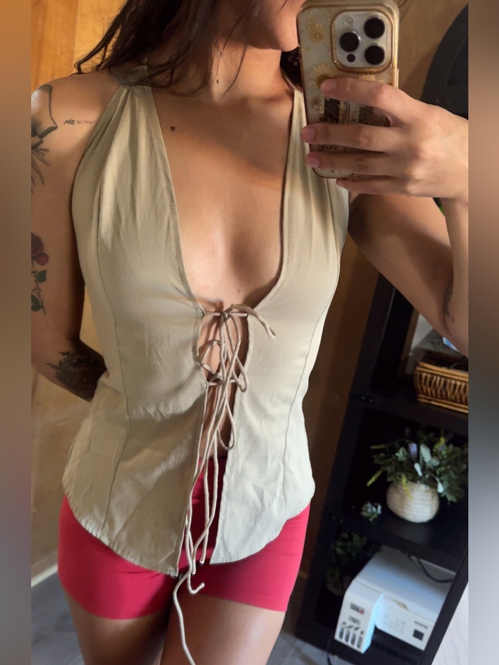 Beige Halter Blouse Tie Front Back Khaki Green Sleeveless Top Boho Summer Fall